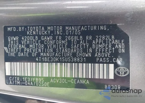 2005 Toyota Camry Le from USA, damaged, VIN 4T1BE30K15U538831